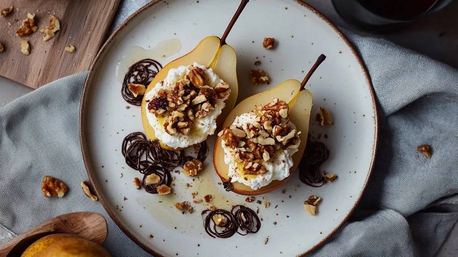 Pears with cream and nuts on plate.