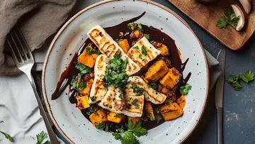 Grilled halloumi and squash on a plate.