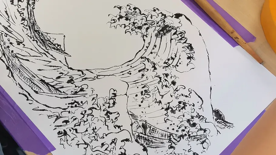 Black ink drawing of a large wave.