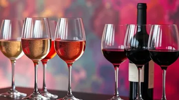 Glasses with various wines on colorful background.