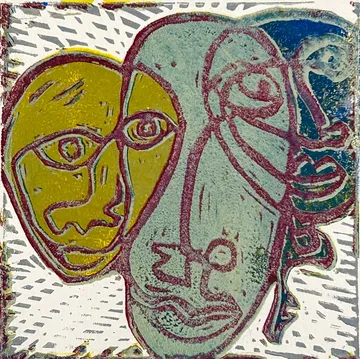 Abstract faces with colorful outlines.