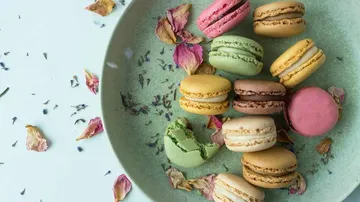 Bunte Macarons auf Teller mit getrockneten Blütenblättern.