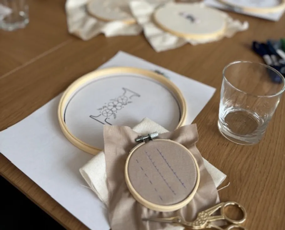 Embroidery hoops on a wooden table.