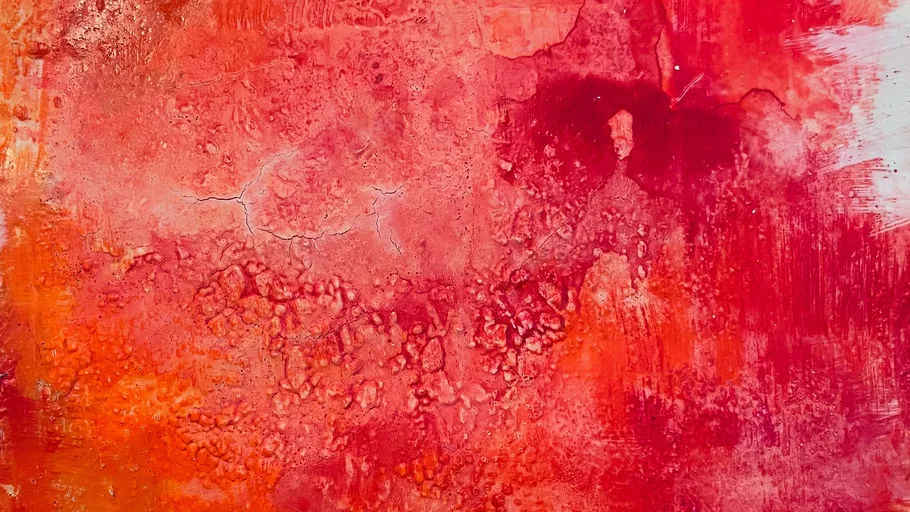 Abstract painting with red and orange textures.