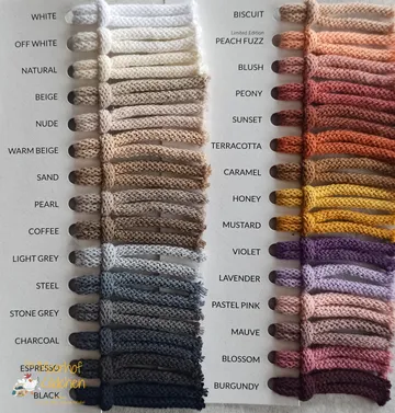 Yarn color samples labeled with names.