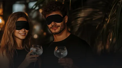 Zwei Menschen mit Augenbinden halten Getränke.