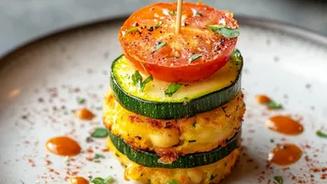 Stacked vegetables with tomato on top, garnished plate.