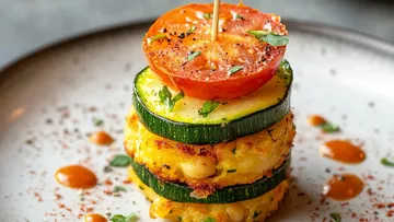 Stacked vegetables with sauce on plate.