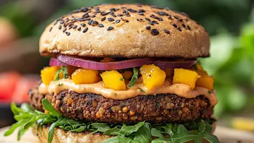 Vegetarian burger with toppings on leafy greens.