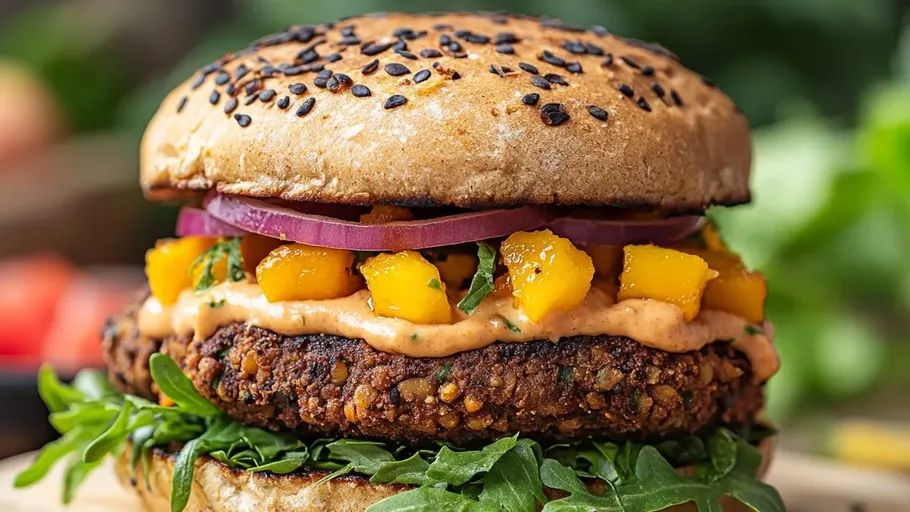 Vegetarian burger with toppings on leafy greens.