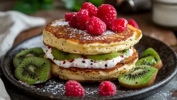 Pancakes with raspberries, kiwi, and cream on plate.