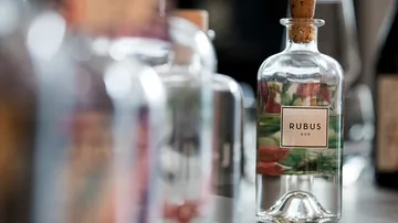 Klare Flasche mit Rubus Gin auf Tisch.