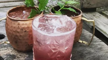 Cocktails on wooden table with mint garnish.