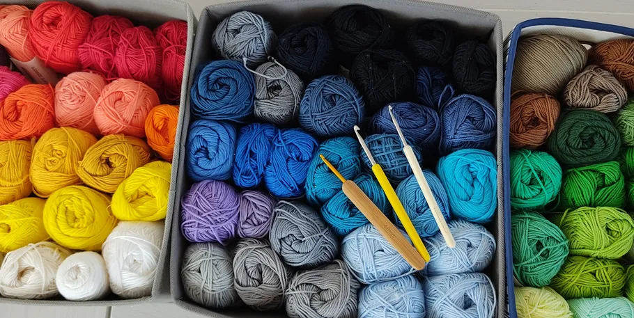 Colorful yarn balls organized in baskets, crochet hooks nearby.