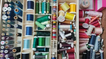 Assorted colorful sewing thread spools in organizer.