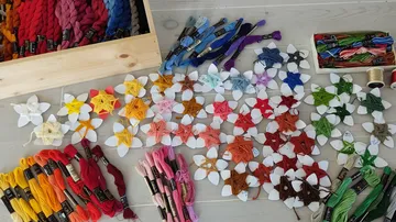 Colorful threads organized on wooden surface.