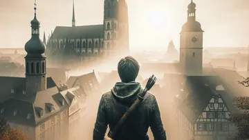 Person mit Pfeilen überblickt neblige Stadtansicht.