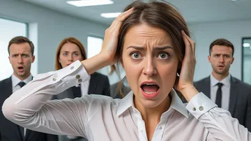 Woman horrified, surrounded by shocked colleagues.