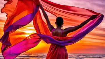 Woman holding vibrant scarf, sunset beach background.