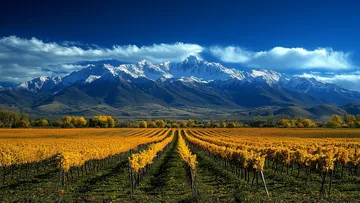 Vineyard with yellow leaves, snowy mountains behind.