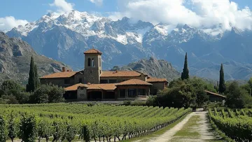 Weinberg mit Steinhaus und Bergkulisse.