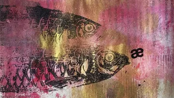 Two abstract fish in colorful artistic background.