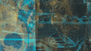 Abstract artwork with blue and gold textures.