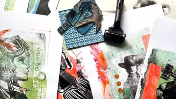 Colorful prints with roller and linocut tool.