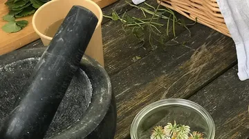 Mortar and pestle on wooden table outdoors.