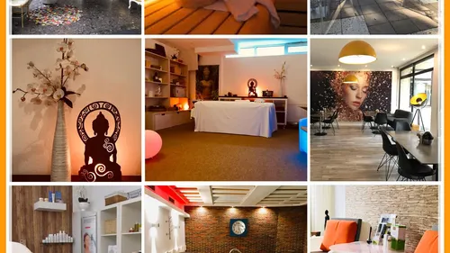 Spa interiors collage with relaxing decor.