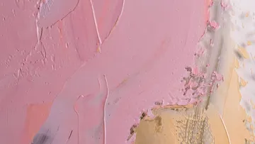 Abstract painting with pink, beige, white textures.