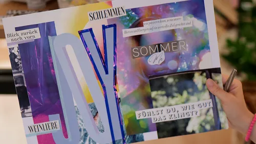 Colorful collage with words in German.