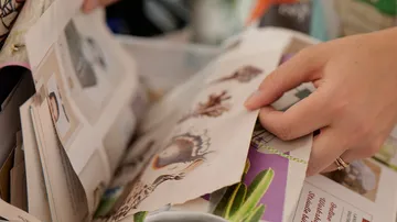 Hände blättern durch einen Papierstapel.