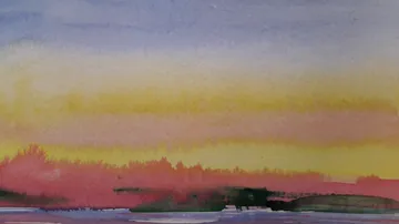 Buntes abstraktes Landschaftsgemälde mit Sonnenuntergangstönen.