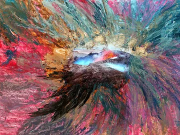 Bright, swirling colors surround a volcano with smoke.