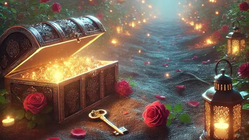 Treasure chest glowing among roses and lanterns.