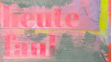 Colorful abstract painting with German text.