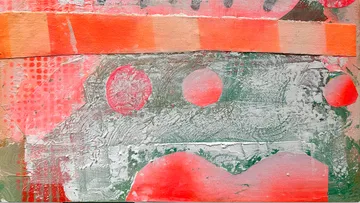 Abstract painting with red and gray textures.