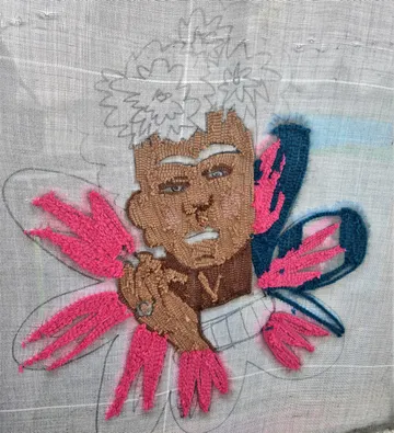 Stickerei einer Person umgeben von Blumen.