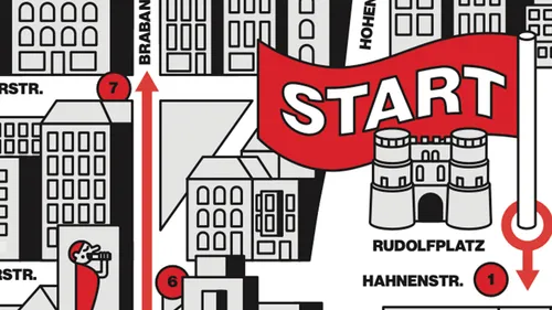 Illustrierte Stadtkarte mit Startmarker.