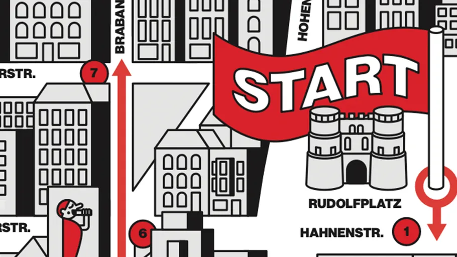 Illustrated city map with start marker.