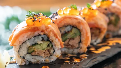 Close-up of sushi rolls on a plate.