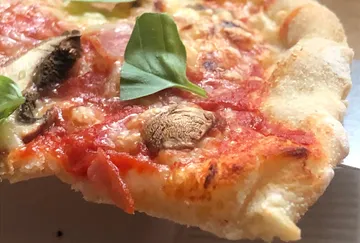 Slice of pizza with mushroom topping.