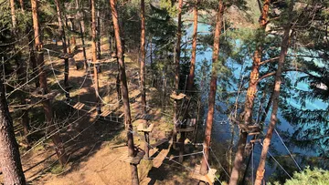Hochseilgarten zwischen Bäumen neben blauem See.