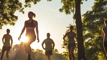 People exercising outdoors in a sunny park.
