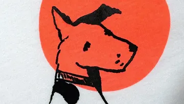Stylized dog silhouette on orange circle.