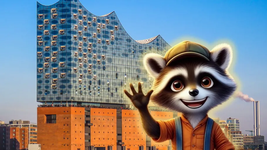 Cartoon raccoon waves in front of modern building.