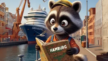 Cartoon raccoon reads book near cruise ship.