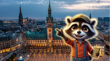 Comic-Waschbär zeigt, Stadtlandschaft im Hintergrund.