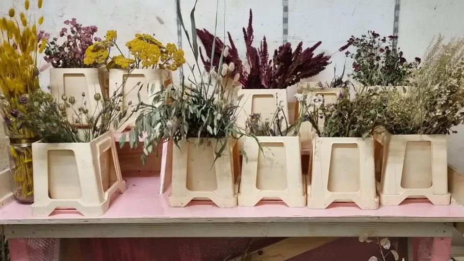 Getrocknete Blumen in Plastikkisten auf Regal.